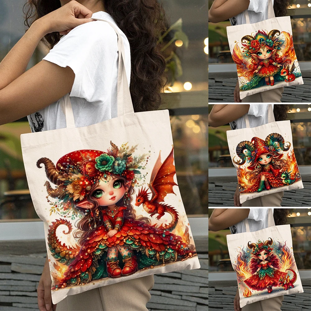 

Witch Fiery Dragonl Women Big Shopping Bags Double Print Cartoon Lady Reusable Shopper Bags Shoulder Tote Girl Foldable Handbag