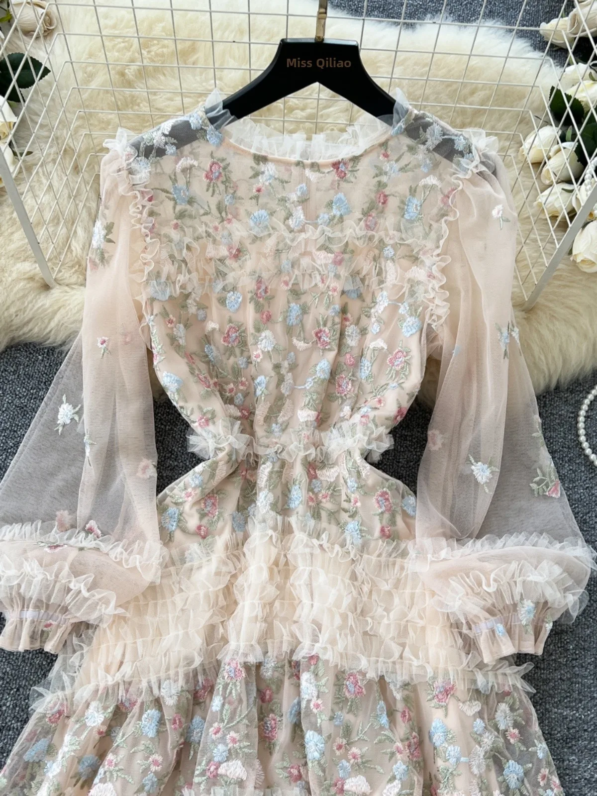 Elegant Embroidered Floral Net Gown Women's Autumn Heavy Work Skirt Puffy Knee-Length Dress Korean Style High Waist A-Line
