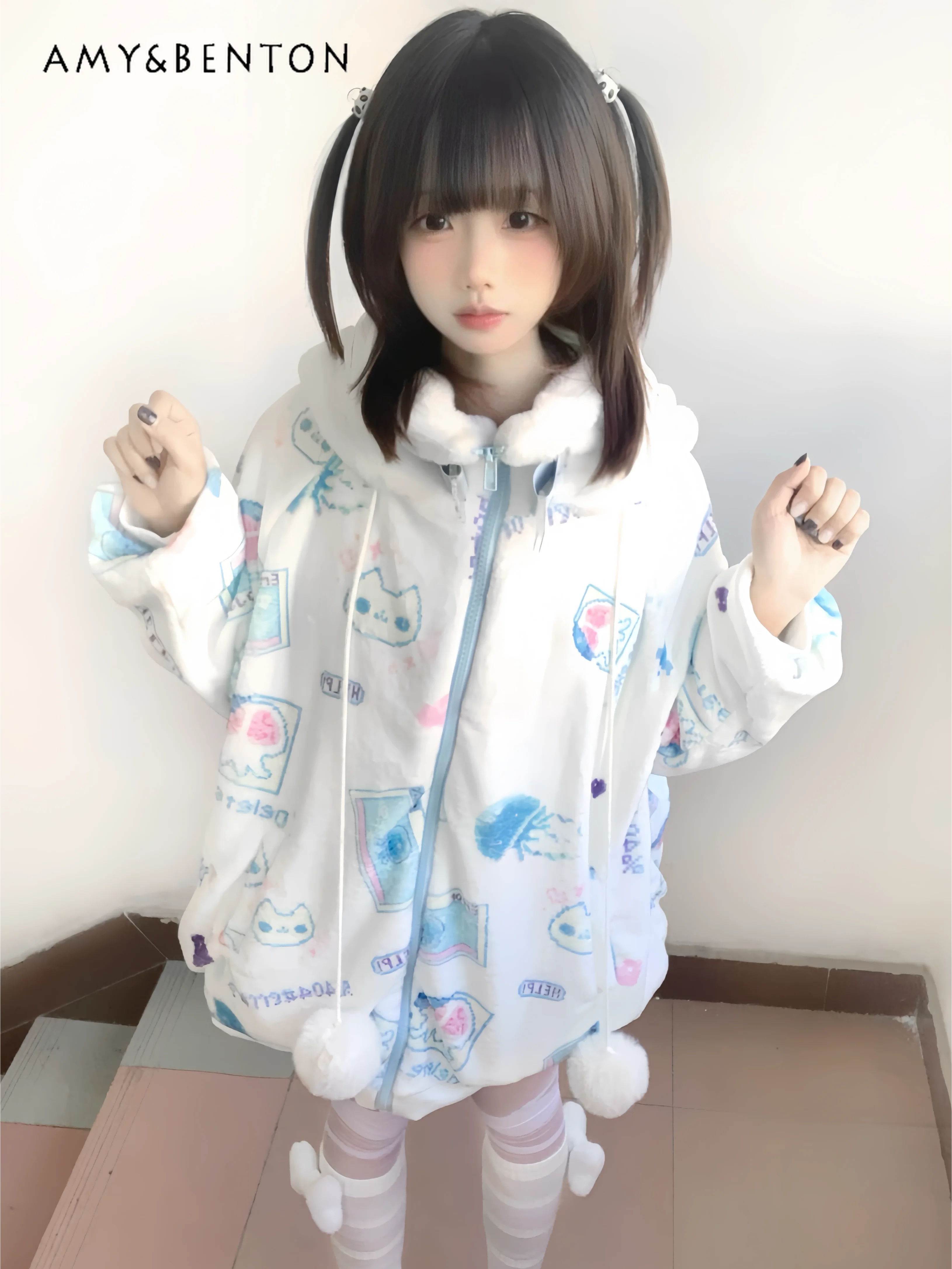 Subculture Cartoon Printing Two-dimensional Fleece Thickened Hooded Jacket Japanese Subculture Oversized Flannel Jacket Women