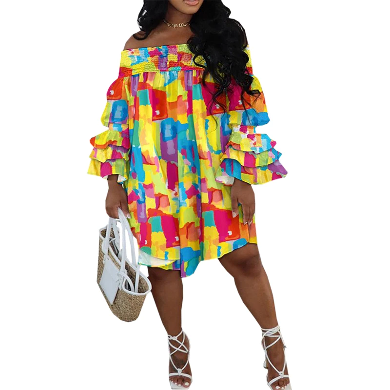 Plus Size Melting Colors All-over Print Off Shoulder Casual Dress