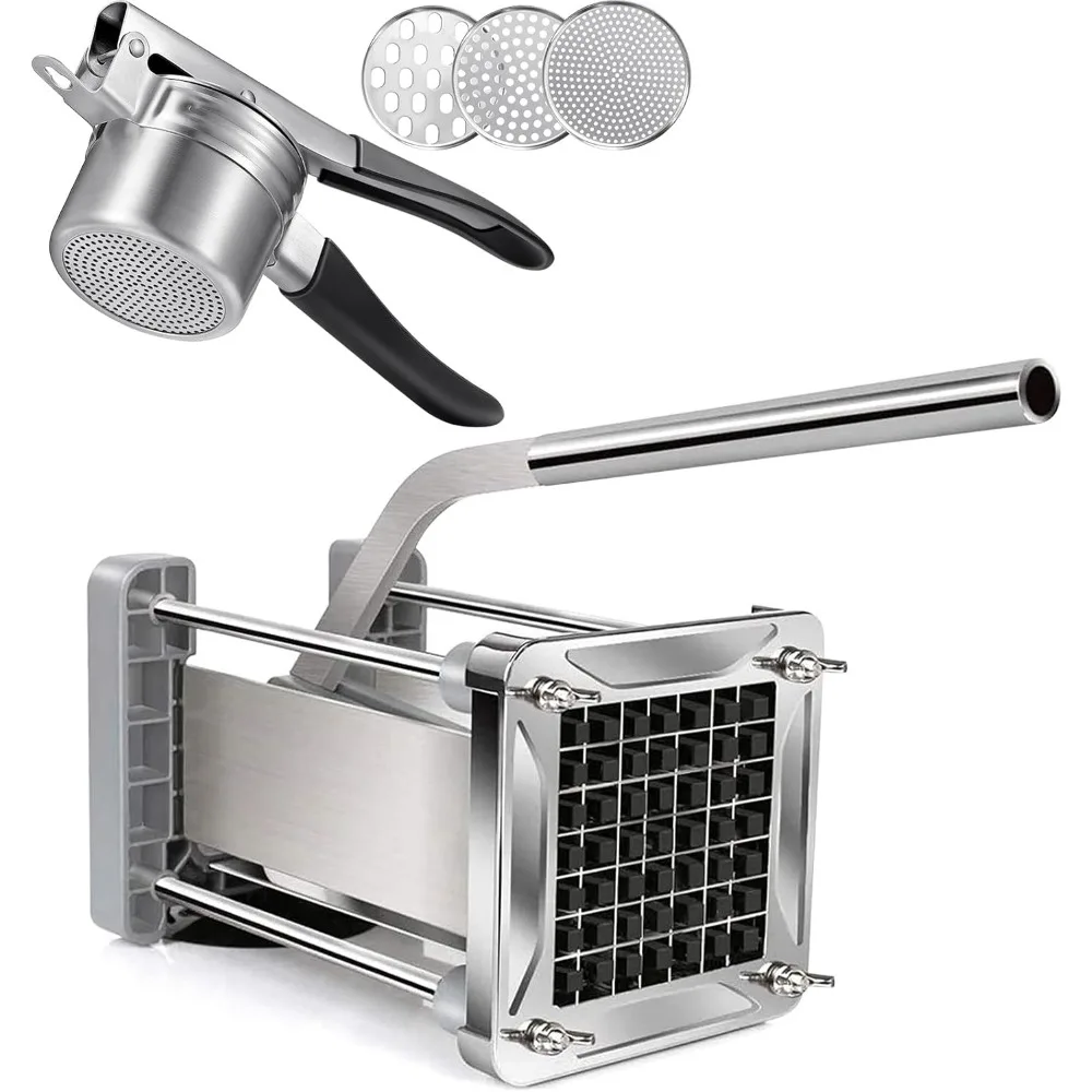 

Stainless Steel French Fry Cutter with 1/2-Inch Blade and Upgraded Potato Ricer with 3 Interchangeable Discs