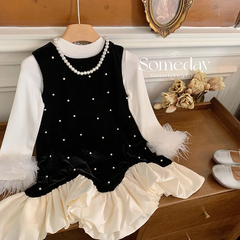 

2024Girls' Autumn and Winter New Korean Style Fashion Base Top Black Pearl Vest Dress Dress