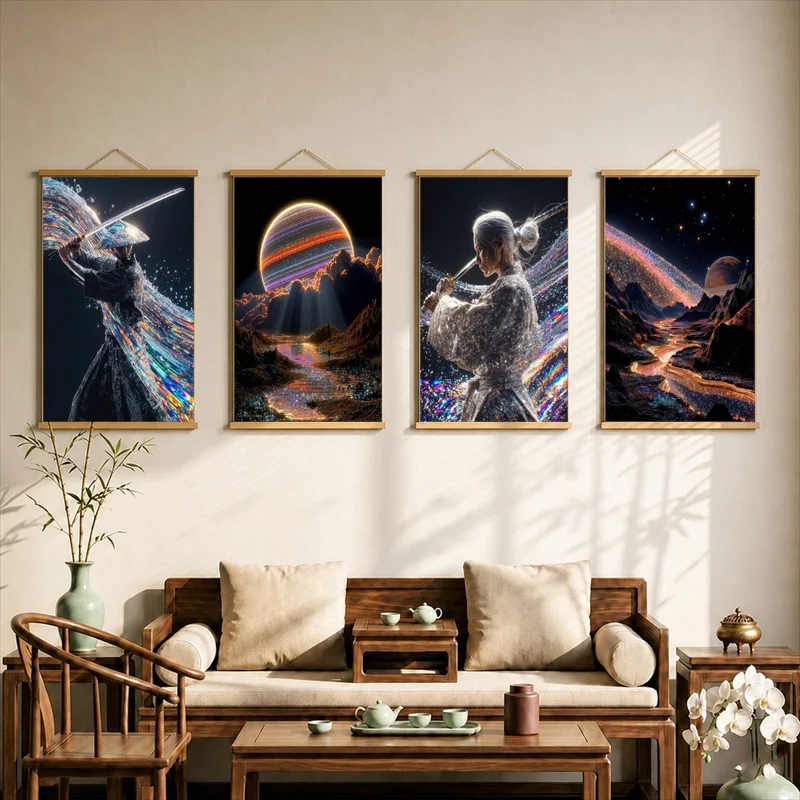 Cool Stuff for Room Astronaut Travelers and Planet Horizons, Futuristic Fantasy Pearlescent Canvas Hanging Scroll for Game Room