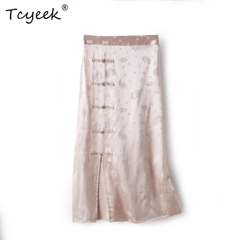 

Tcyeek 50% Mulberry Silk 45% Viscose 45% 5% Spandex Summer New Chinese Style Slit Hip Hugging Mid Length Women's Skirt スカート
