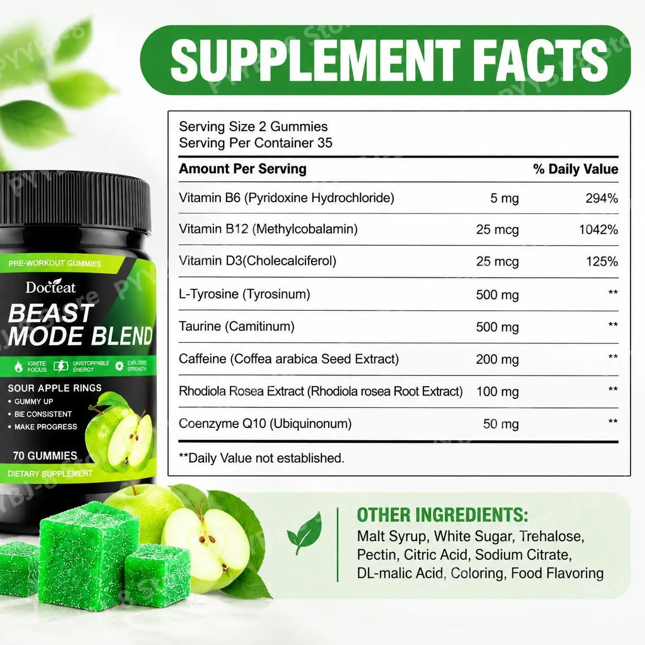 Pre-Workout Gummies,Sour Apple Flavor,Boost Energy & Focus & Stamina,Support Endurance Strength,With Taurine Rhodiola,70 Gummies