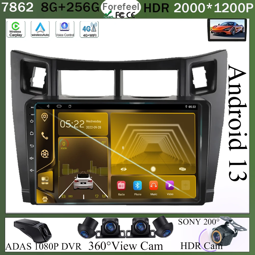 

Android 13 For Toyota Yaris 2 XP90 2005 2006 2007-2012 Navigation HDR QLED Screen Stereo Car Radio Multimedia Player NO 2din DVD