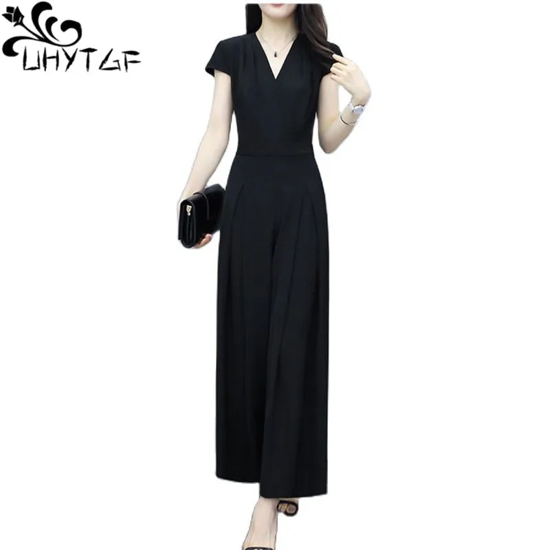 

UHYTGF Fashion Summer Jumpsuit Women Black V Neck Wide Leg Pants Elegant Female Rompers Temperament Ladies Loose Size Clothes 19