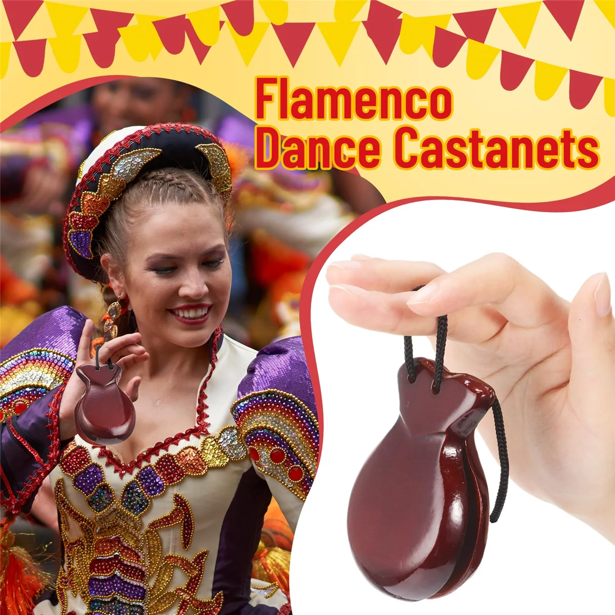 1 Paar spanische Kastagnetten Flamenco Kastagnetten mit Schnur traditionelle Holz Hand Percussion Kastagnetten (braun)