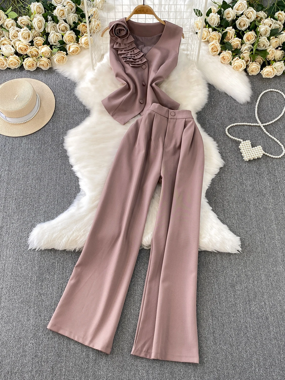 Ele V-ne Svel Vest Top High Waist Slimming Pants Set High-End Brand Faionable 3D Flower Print Button-Up Women's...