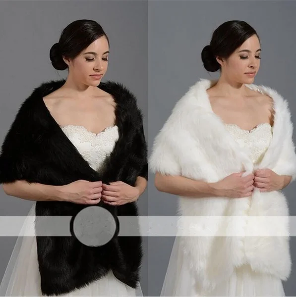 Nero Bianco Avorio Finta Pelliccia Dell'involucro Lungo Scialle Da Sposa Bolero di Cerimonia Nuziale Scrollata di Spalle Vestito Da Sera Cappotto Giacca Calda