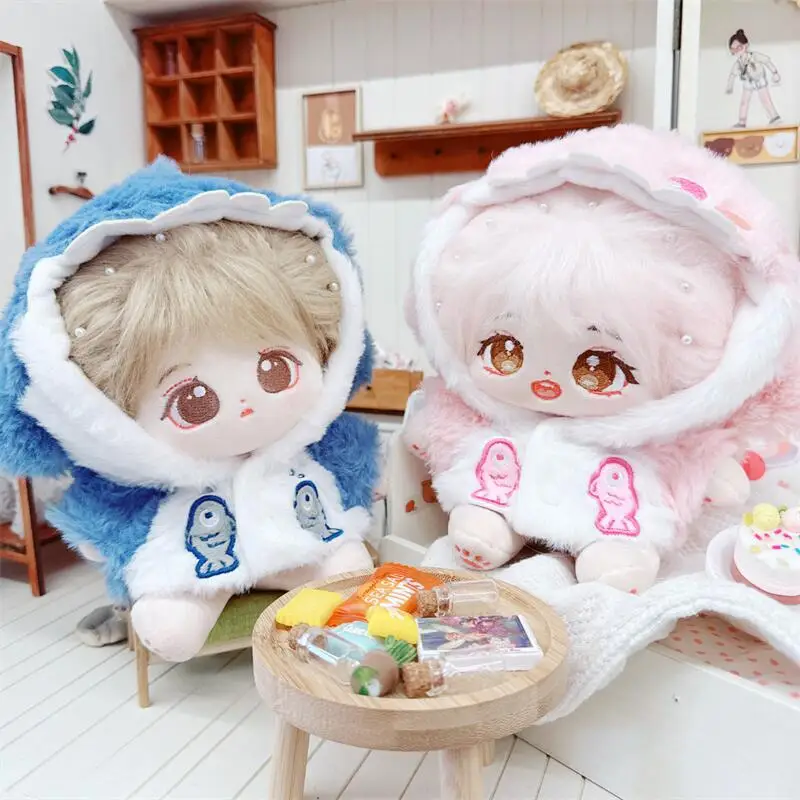 

20cm Cute Cartoon Couple Shark Fluffy Coat Suit Plush Cotton Doll DIY Clothing Accessories Kawaii Soft Stuffed Doll for Kids Toy