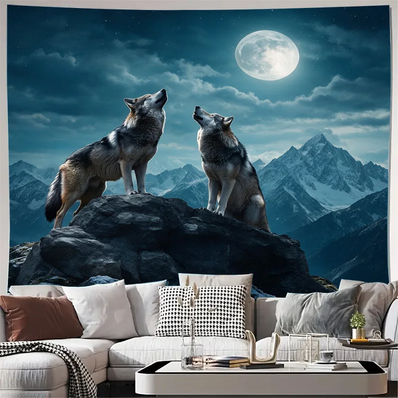 Dramatic Wolf Howling Full Moon Mountain Landscape Curtains Window Curtain Drapes Home Decor Curtain Panel Sleeper Room Wall Han
