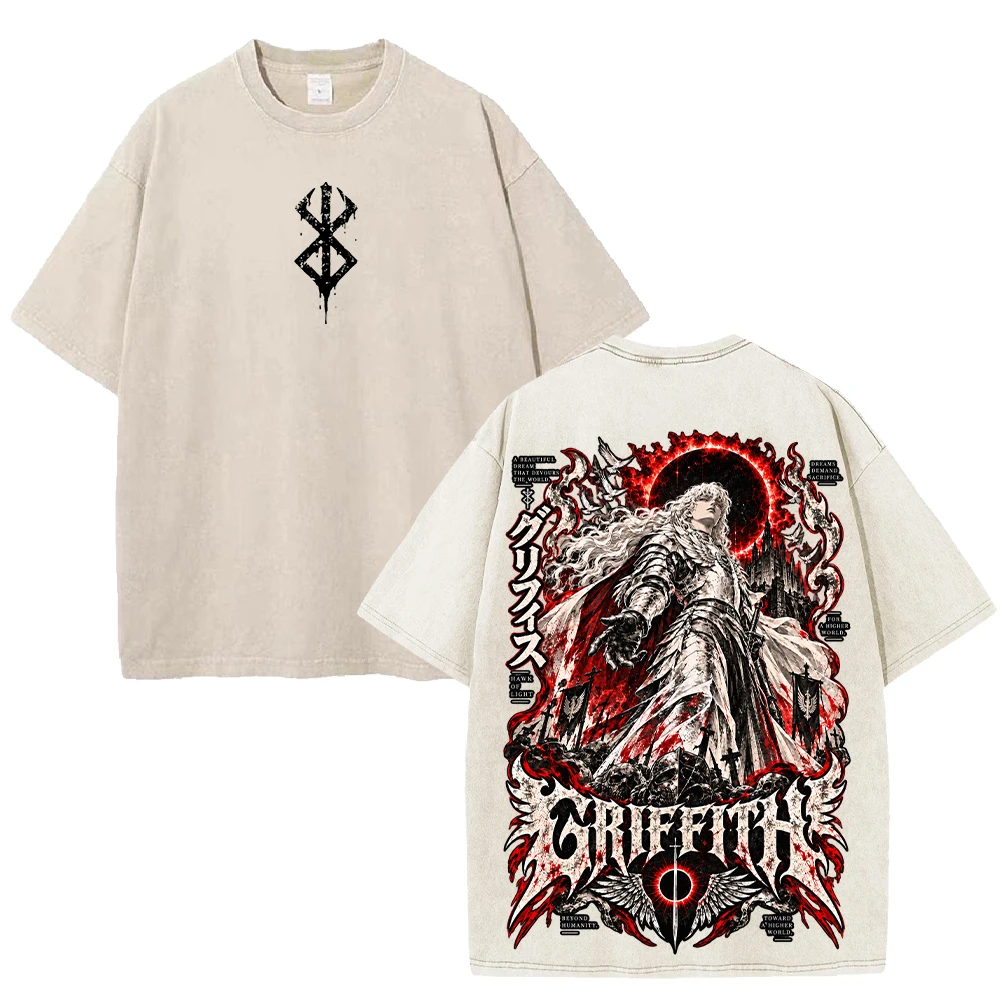 Berserk Manga Vintage Washed T Shirts Griffith Graphic Oversized Streetwear Men Women Short Sleeve Casual High Quality Tees Tops