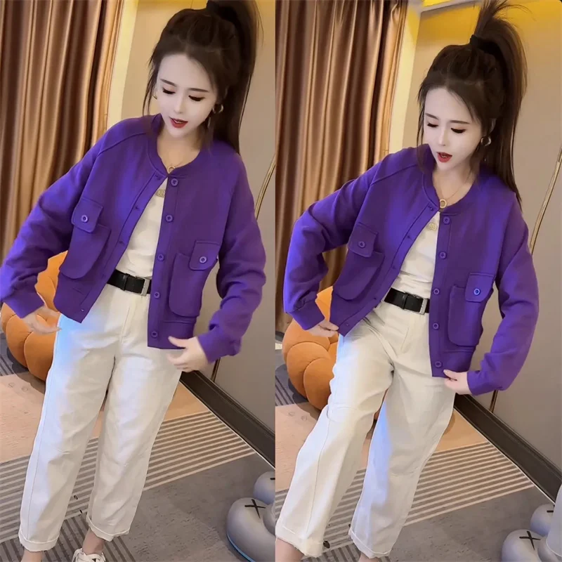 

adies Solid Color Short Jacket Korean Female Round Neck Fashion Baseball Coat Autumn Winter Women Long Sleeves Casual Outwear