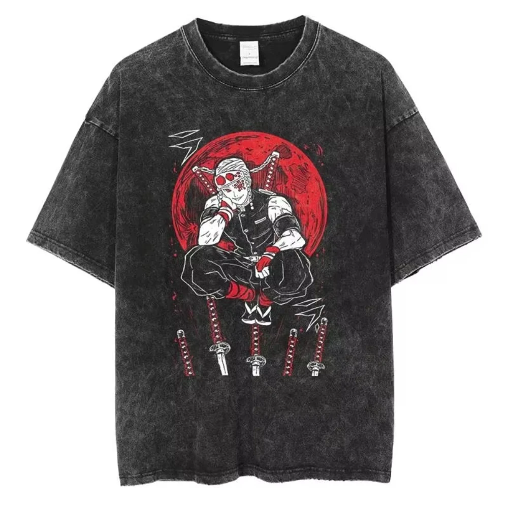 Koszulka męska z nadrukiem graficznym anime Demon Slayer z 2026 roku, efekt acid wash, modny styl Y2K, bawełniana, wygodna, z okrągłym dekoltem, unisex.