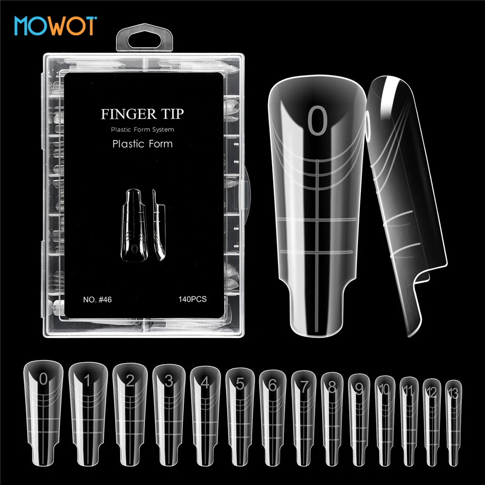 MOWOT Nail Dual Forms 140pcs/box Clear Acrylic Reusable False Nail Tips Nail Molds for Poly Extension Gel 14 Sizes Nail Top Form