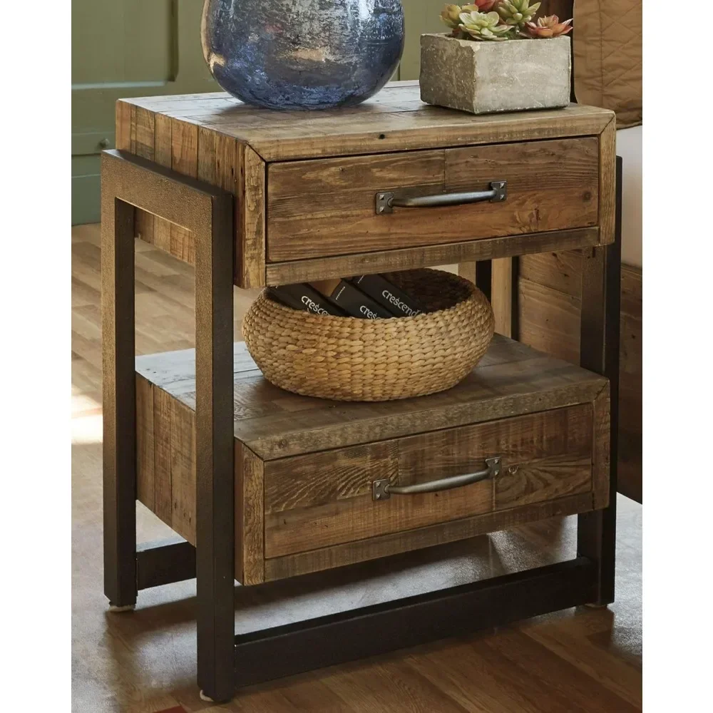 Sommerford Industrial Farmhouse 2 Drawer Nightstand, Butcher-Block Brown & Black