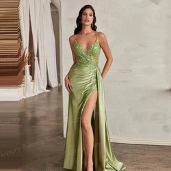 Luxury Evening Dresses V Neck Appliques Women's Mermaid Prom Gowns Sleeveless Backless Split Satin Fashion Vestidos Customized