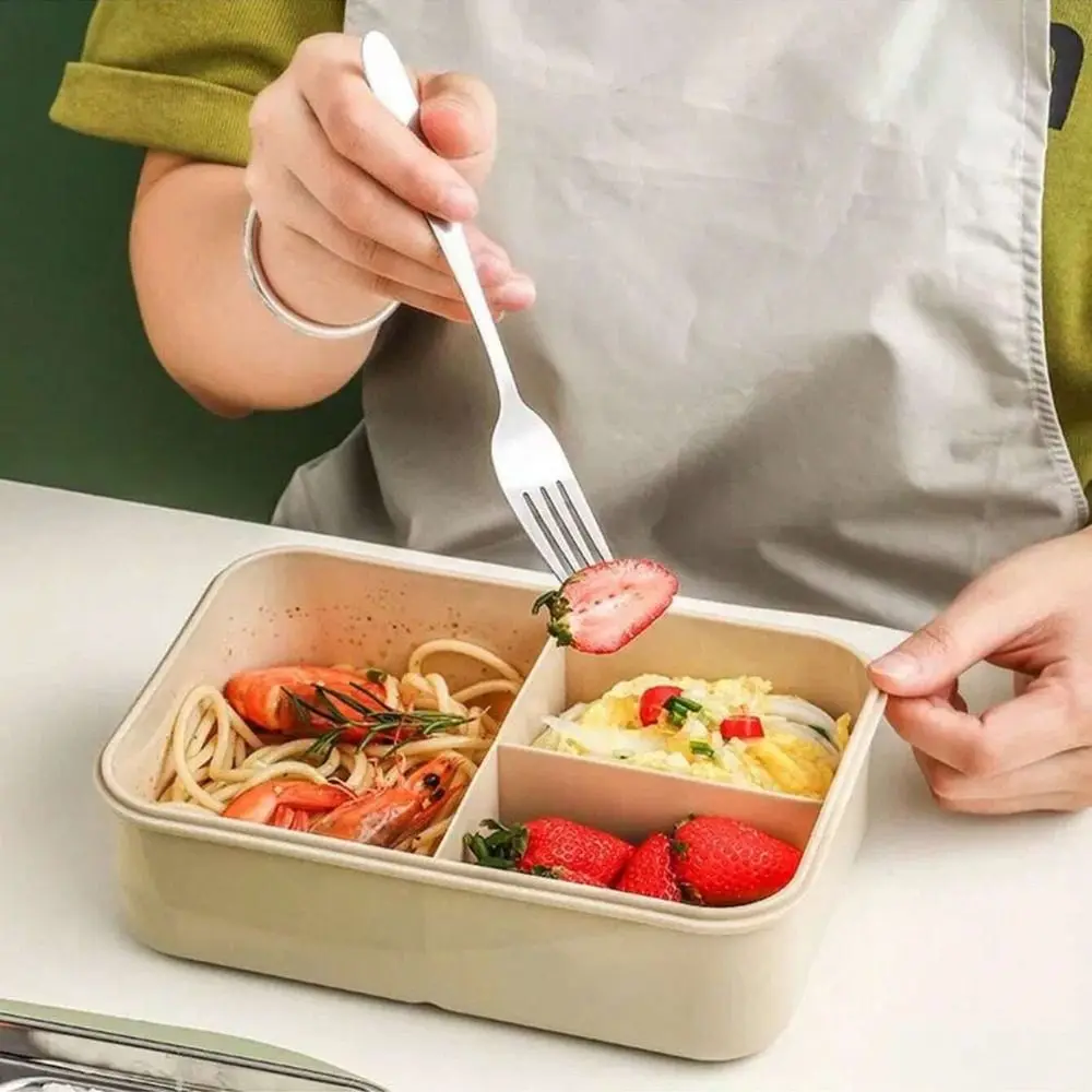 

With Cutlery Student Lunch Box Leakproof Microwaveable Food Storage Container 3 Compartment Rectangular Picnic Box Camping