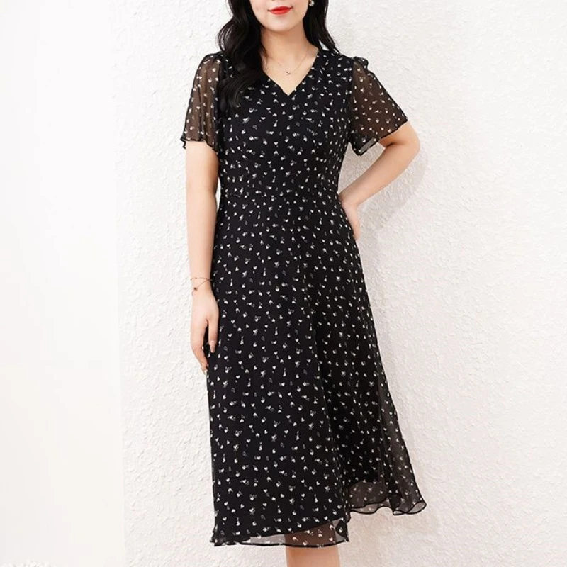 2024 New Summer Chinese Style Commuting Fashion Loose Chiffon Floral A-line Skirt V-neck Bubble Sleeve Women\'s Mid Length Dress