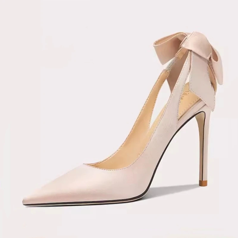 Spring/Summer Pointed Silk Surface Water Diamond Bow Single Shoes Thin High Heel Dress Large and Small Hollow Women's Sandals