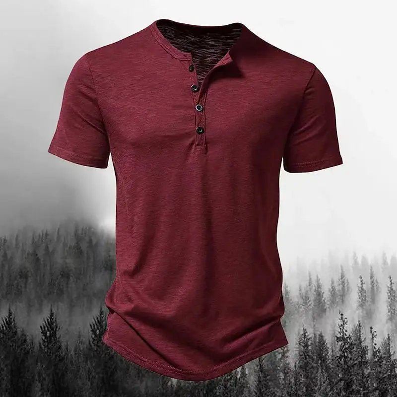 2026 New Henley Collar Summer Men Casual Solid Color Short Sleeve T Shirt for Men Polo men High QualityMens T Shirts