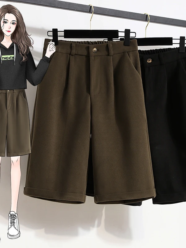 Women's Thickened Woolen Pants Autumn Winter High Waist Wide Leg Five-Point Shorts plus Size Outerwear Casual Straight Leg