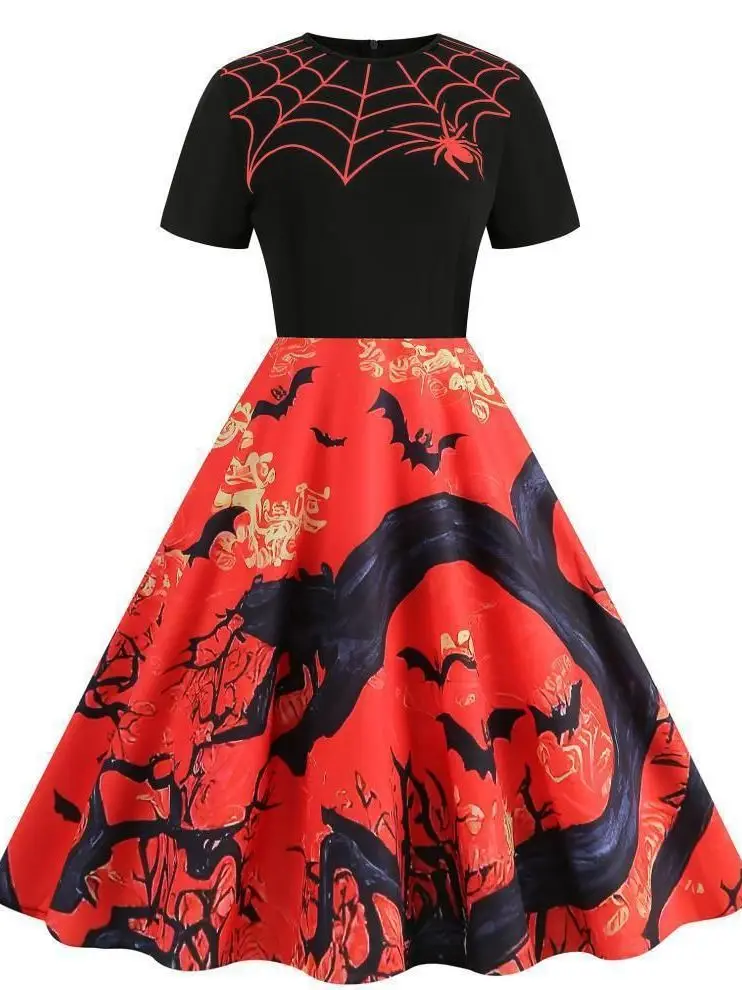

Halloween Style Patchwork Dress Elegant Slimming Maxi Skirt Cotton Polyester Material Home Use round Neckline Logo Pattern