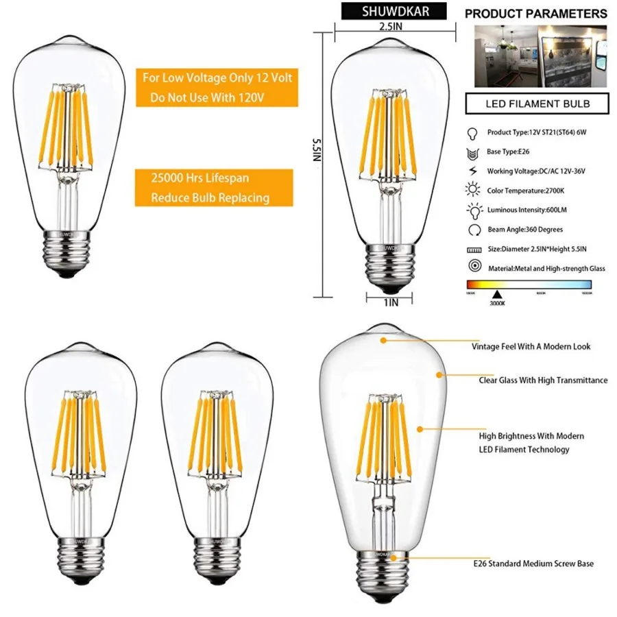 LED Light Bulbs DC 12V 6W E26 ST64 Low Voltage Bulb RV Camper Warm White 2700K Vintage Clear Glass Filament Edison Bulbs Equiva