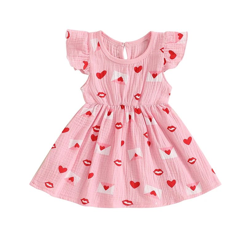 Little Girls Valentine s Day Princess Dress Short Sleeve Heart Envelope Print A-line Dresses