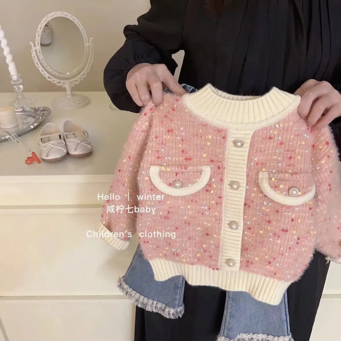 

Girls' Sweater Thickened New Style Outerwear Korean Edition Coat Children's Elegant Sweet Knitted Sweater