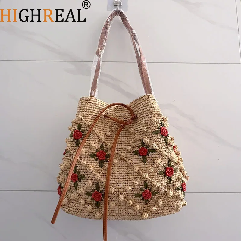 New Fashion Handmade Flower Natural Raffia Straw Grass Bag For Women Luxury Designer Handbags Beach Tote Bag