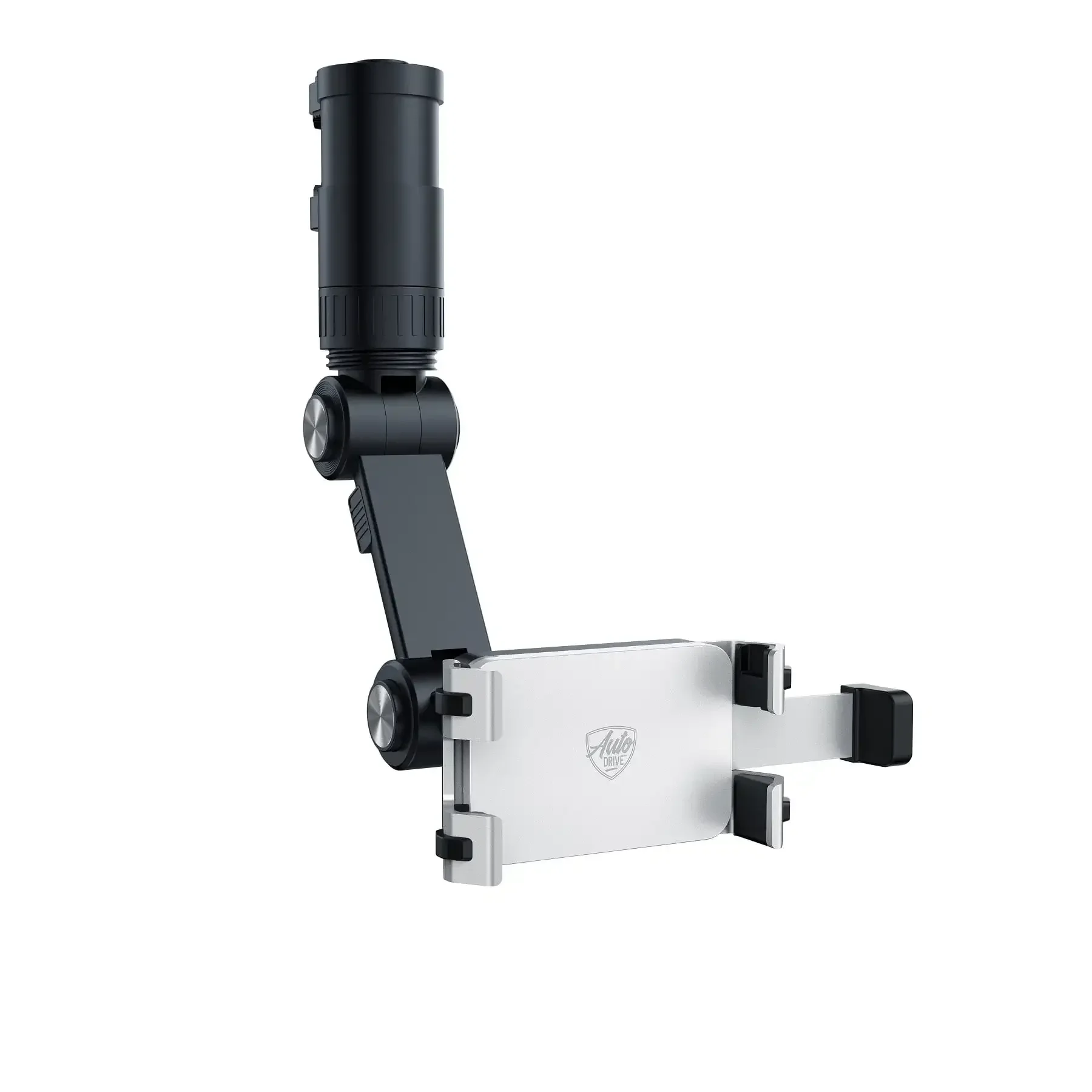 Rearview mirror phone holder clamp with aluminum multi-directional metal arm, 360° rotation, adjustable design, secure fixation