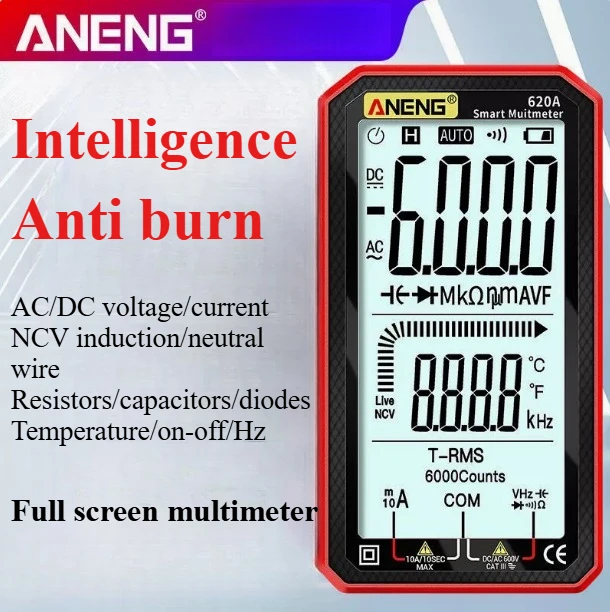 

Цифровой смарт-мультиметр ANENG 620A, 6000 измерений, измерение напряжения AC/DC, тока, температуры, сопротивления, емкости, электрический тестер