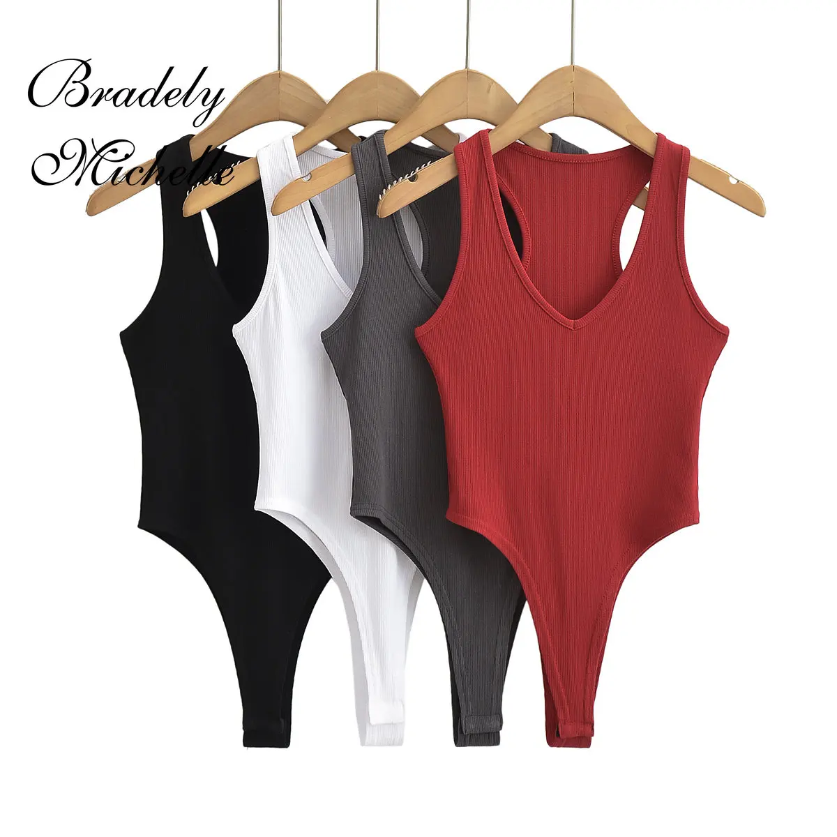 Deep V-neck Summer Women's Sexy Tank Tops Solid Elastic Bodysuit Slim Sleeveless Jumpsuits