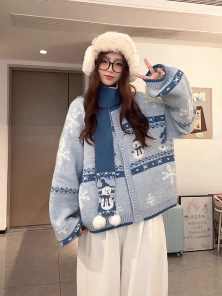 Maglione cardigan aperto lavorato a maglia blu da donna Thiened Lazy Sle Autunno Inverno Nuovo arrivo Fier Island Pupazzo di neve Faion Capispalla