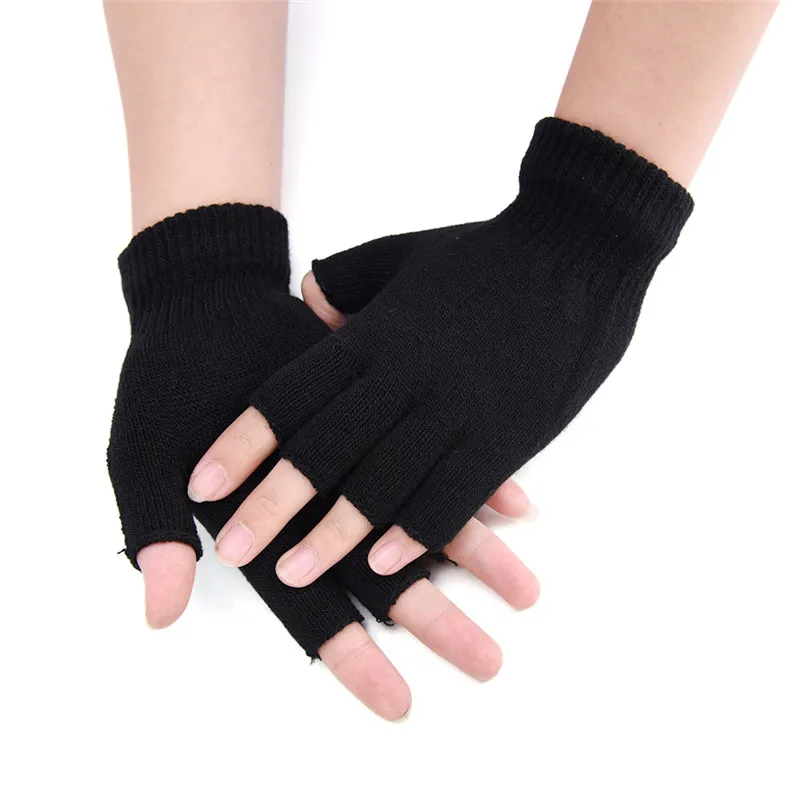 Chic Men Black Knitted Stretch Elastic Warm Half Finger Fingerless Gloves Winter