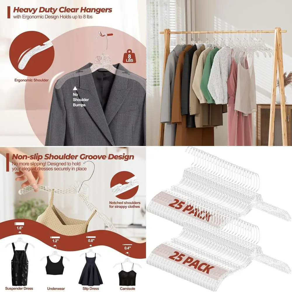 

50-Pack Clear Plastic Hangers, Strong Crystal Coat Hangers with Anti-Slip Notches and 360° Swivel Hook for Space-Saving Storage