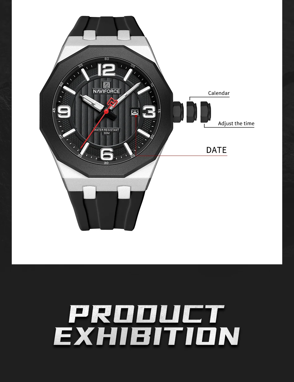NAVIFORCE NF5051 ساعة يد رجالية عصرية كاجوال بحزام سيليكون ناعم مقاوم للماء ساعات كوارتز بتقويم