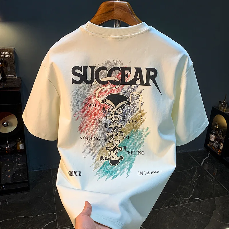 

Printed short sleeved T-shirt for men in summer plus size, loose and trendy, ins breathable and elastic round neck clothes