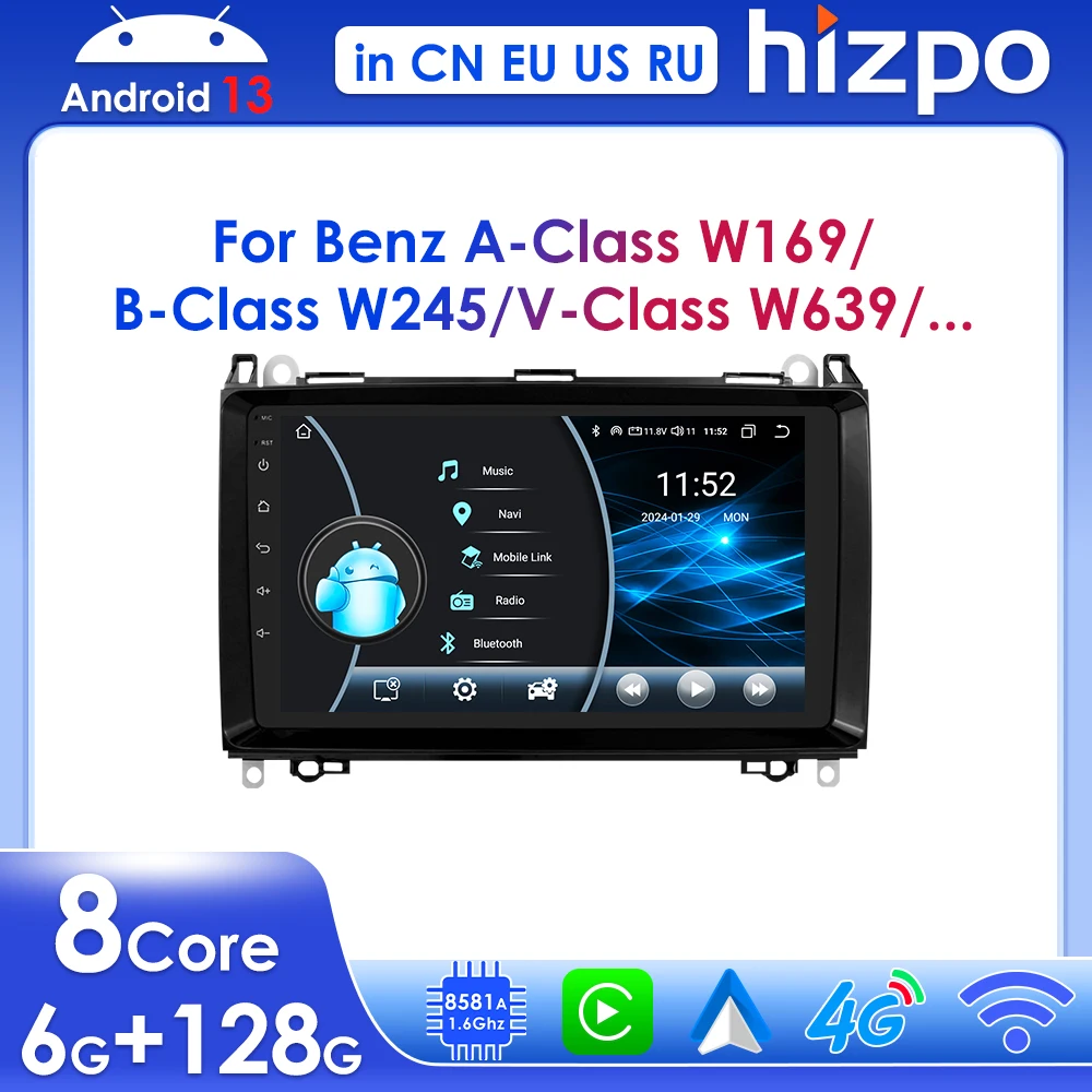 

Hizpo 9-дюймовое радио Android 13 Wireless Carplay для Mercedes Benz B200 W245 W639 W906 Sprinter Автомобильный мультимедийный плеер Navi GPS RDS DSP