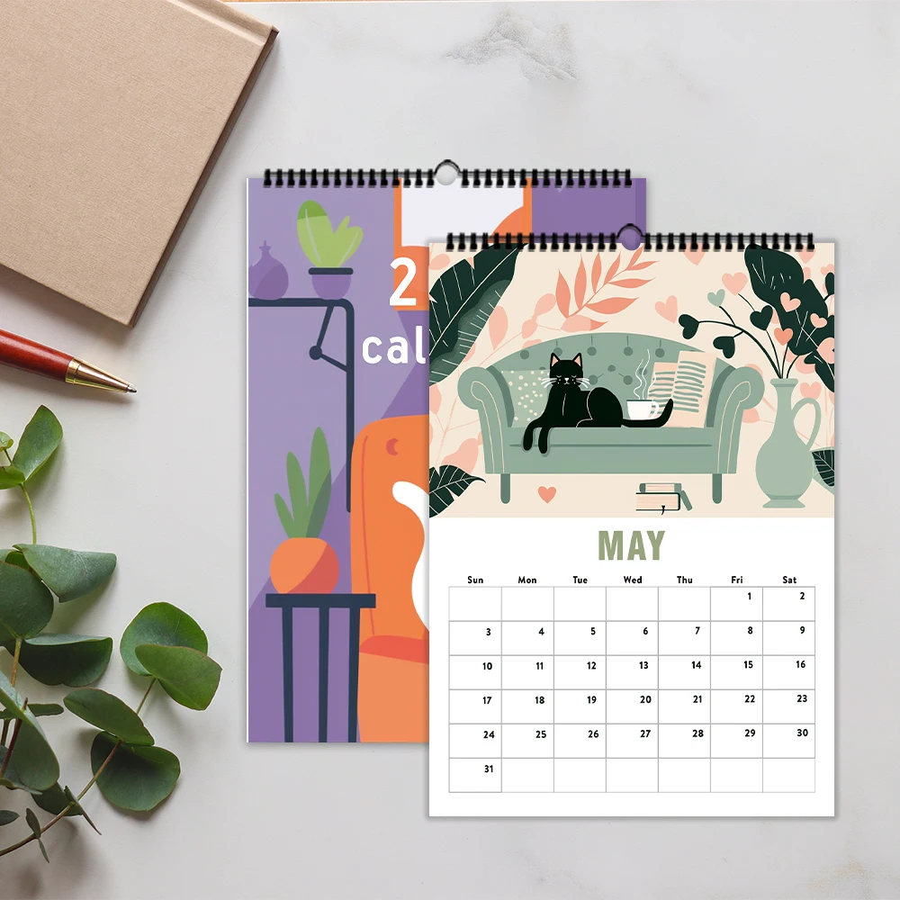 

1 шт. 2026 настенный календарь, абстрактный геометрический дизайн кошки, ежемесячный планировщик 12 месяцев, идеальный подарок на дни рождения, Рождество, Новый год