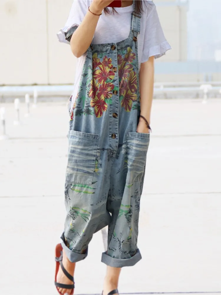 Frauen 2025, Freizeit, lockere Denim-Overalls, Overalls, zusammenklappbare Hosen, knöchellange Träger, Blumendruck, Denim-Hosen