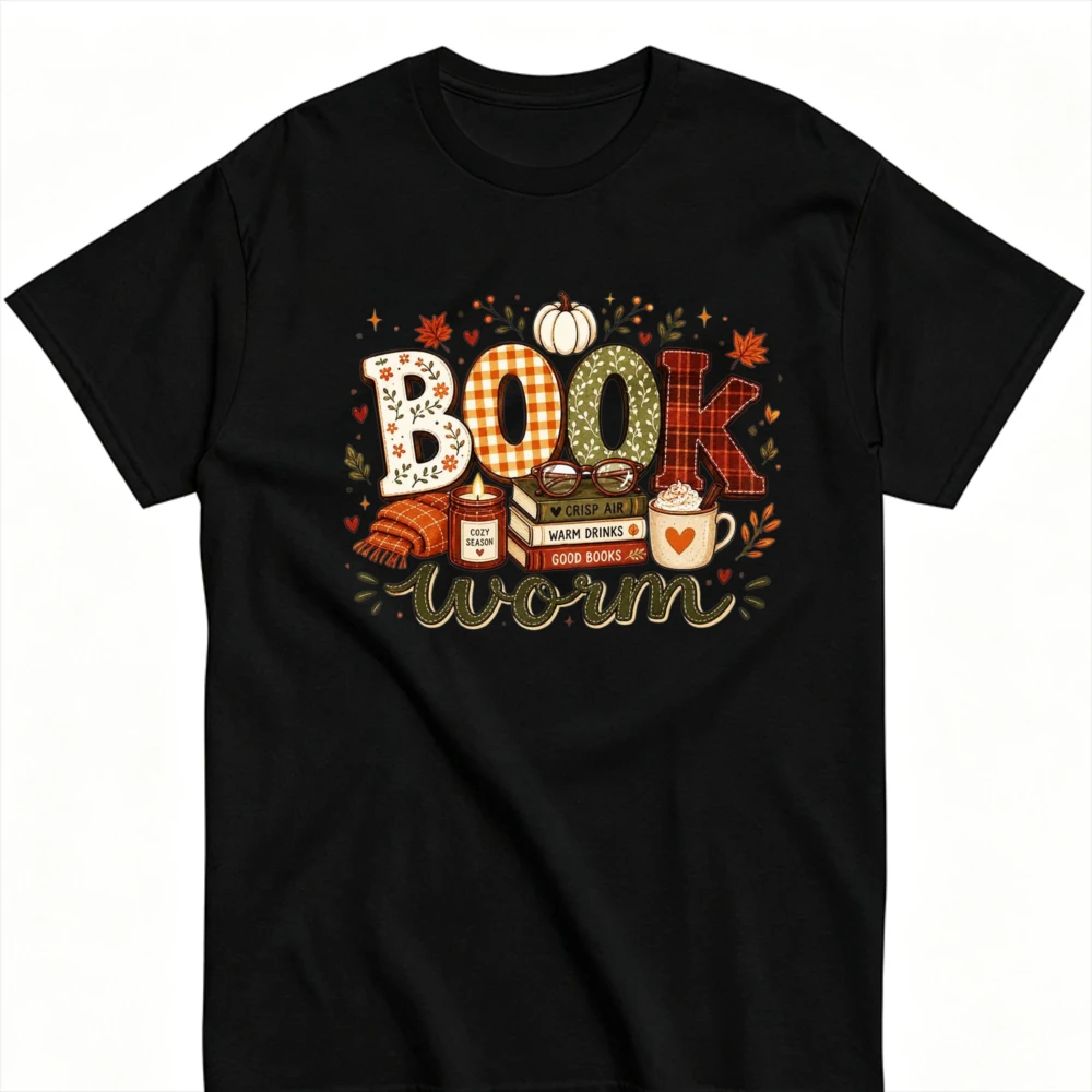 Book Worm Fall Autumn Graphic T‑Shirt Book Lover Pumpkin Coffee Candle Maple Leaf Print Short Sleeve Crew Neck Tees Casual Tops
