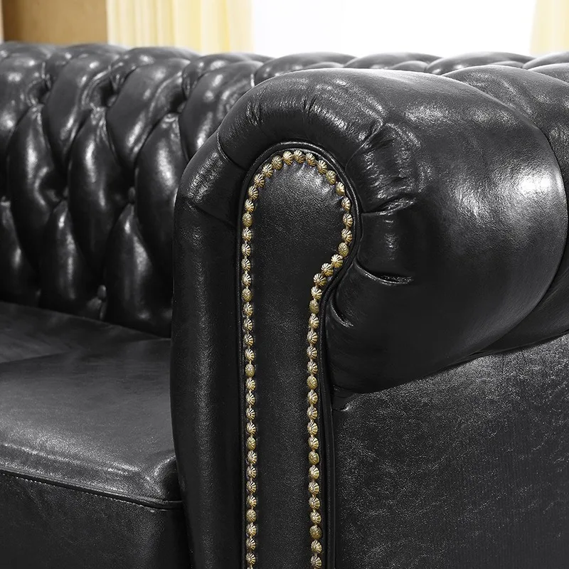 Leather sofa first layer cowhide buckle living room antique small apartment three people