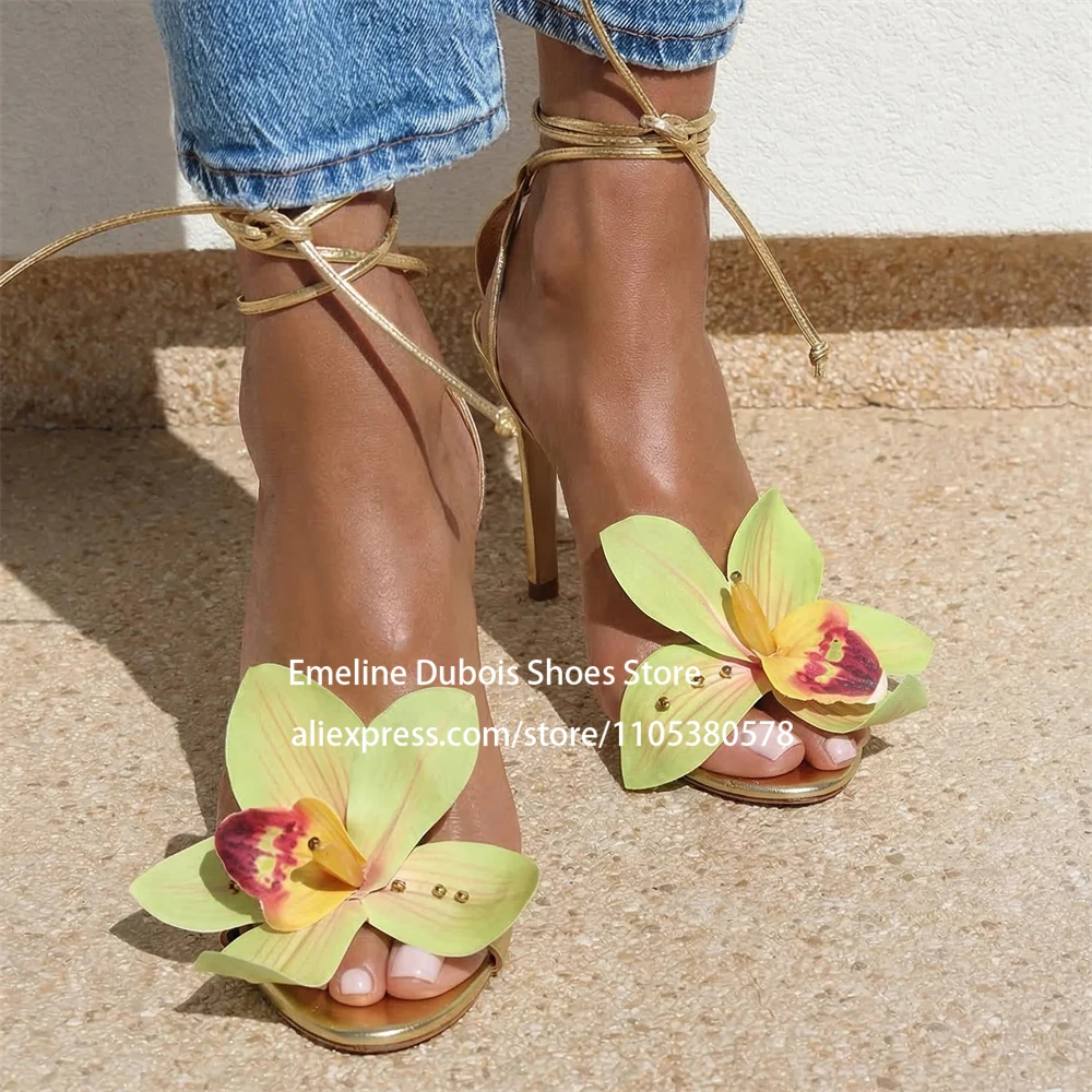 

Yellow Orchid Flower High Heels Sandals Round Toe Ankle Wrap Stilettos Heels Women Summer Shoes Wedding Party Bridal Chic Wear