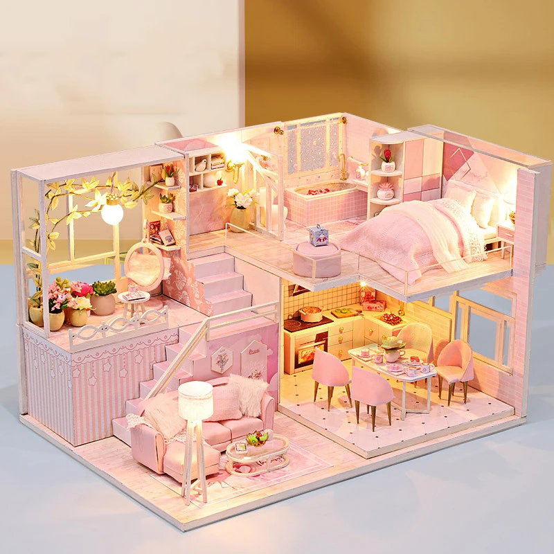 DIY Wooden Doll Houses Princess Casa Miniature Building Kits with Furniture Led Dollhouse for Girls Birthday Gifts