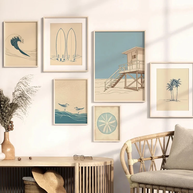 Póster Vintage de playa, mar y Surf, paisaje de casa de playa, impresiones minimalistas, cuadro artístico de pared, pintura en lienzo para decoración del hogar y habitación