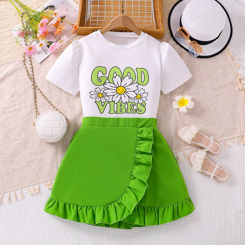 Girl Clothes Summer Two Piece Set White Ruffled Rainbow Printed Sleeveless Top + Green Skirt Casual Vacation Cute Suits 8-12Y