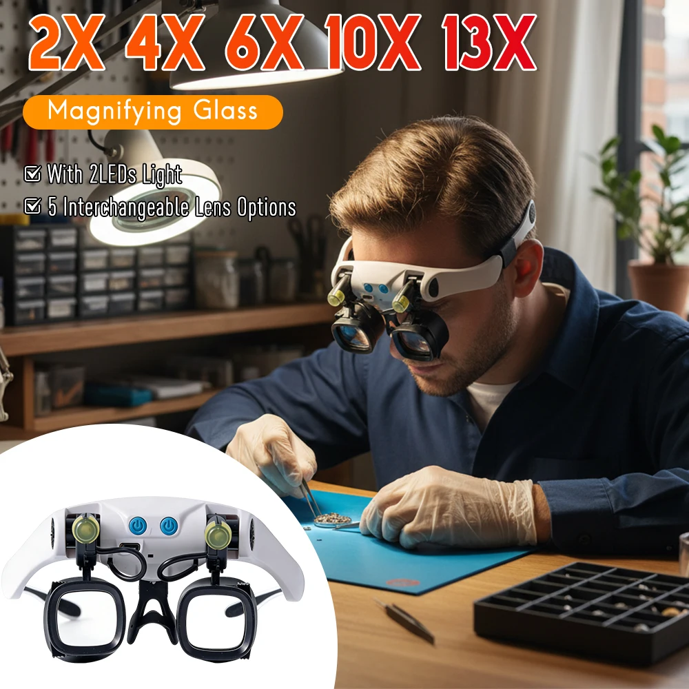 

Лупы для ювелиров Fresh с линзами 2X, 4X, 6X, 10X, 13X, с 2 светодиодами, без рук, 5 сменных вариантов